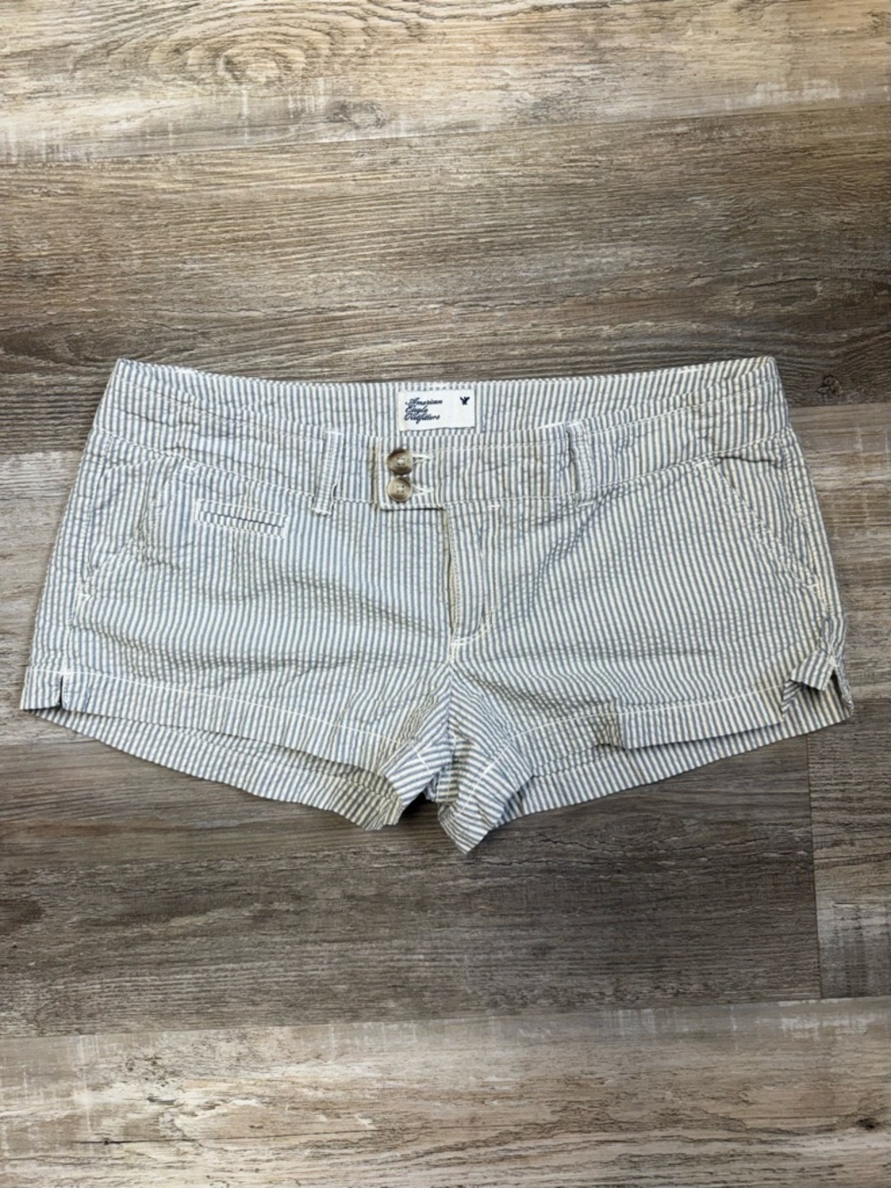 American Eagle Outfitters Cream & Light Blue/Gray Striped Seersucker Shorts